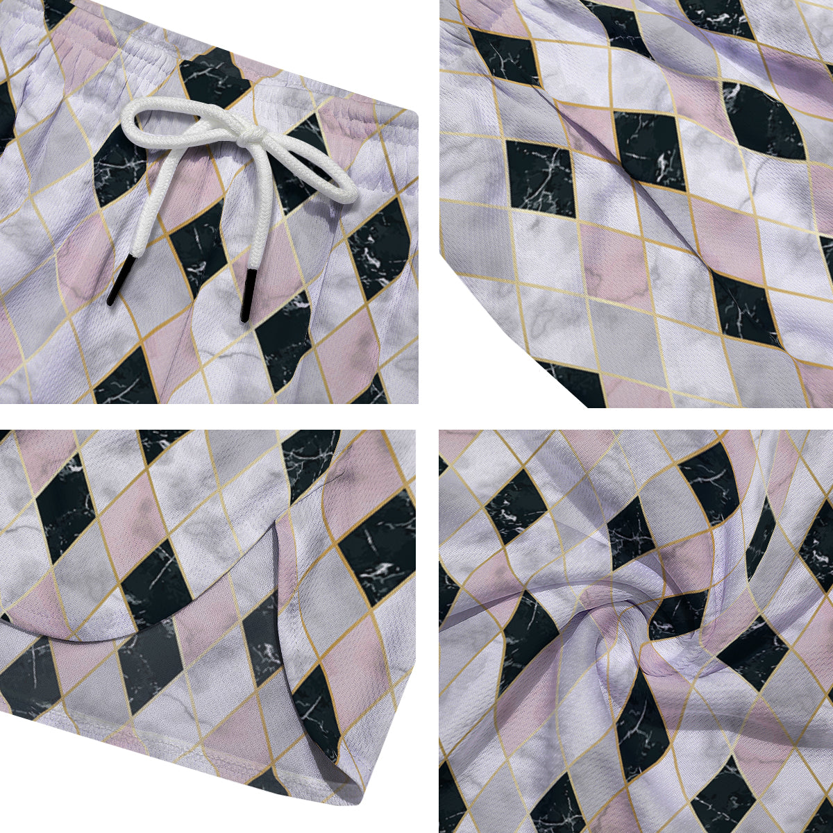 Marble Argyle White Pink And Black Print Men's Running Shorts-grizzshop