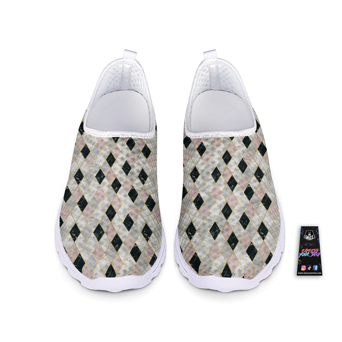 Marble Argyle White Pink And Black Print Nurse Shoes-grizzshop