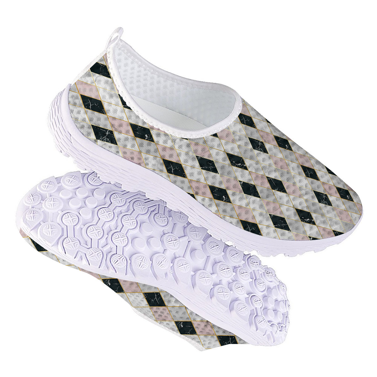Marble Argyle White Pink And Black Print Nurse Shoes-grizzshop