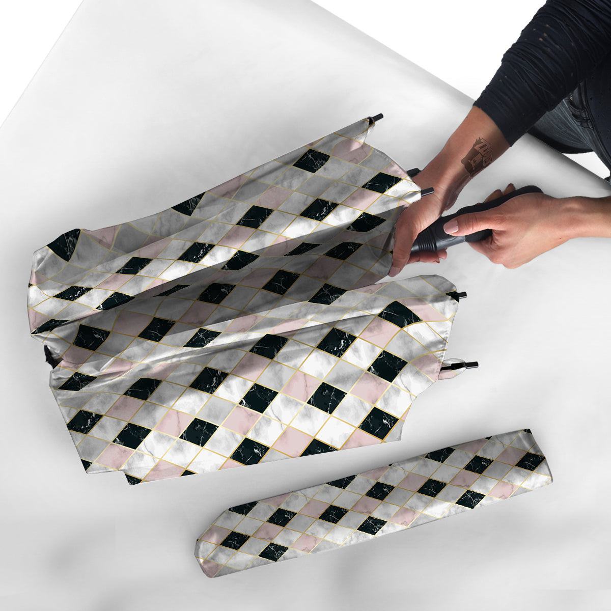 Marble Argyle White Pink And Black Print Umbrella-grizzshop