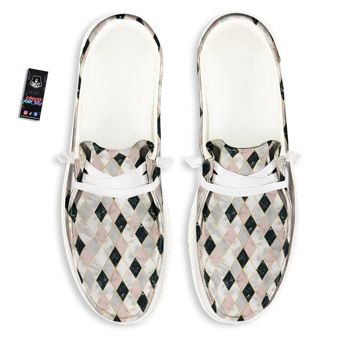Marble Argyle White Pink And Black Print White Loafers-grizzshop