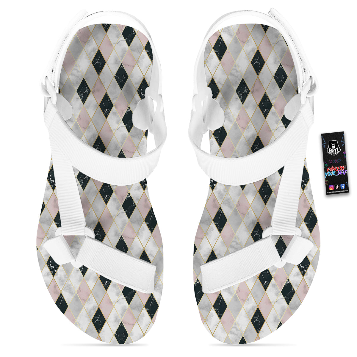 Marble Argyle White Pink And Black Print White Open Toe Sandals-grizzshop