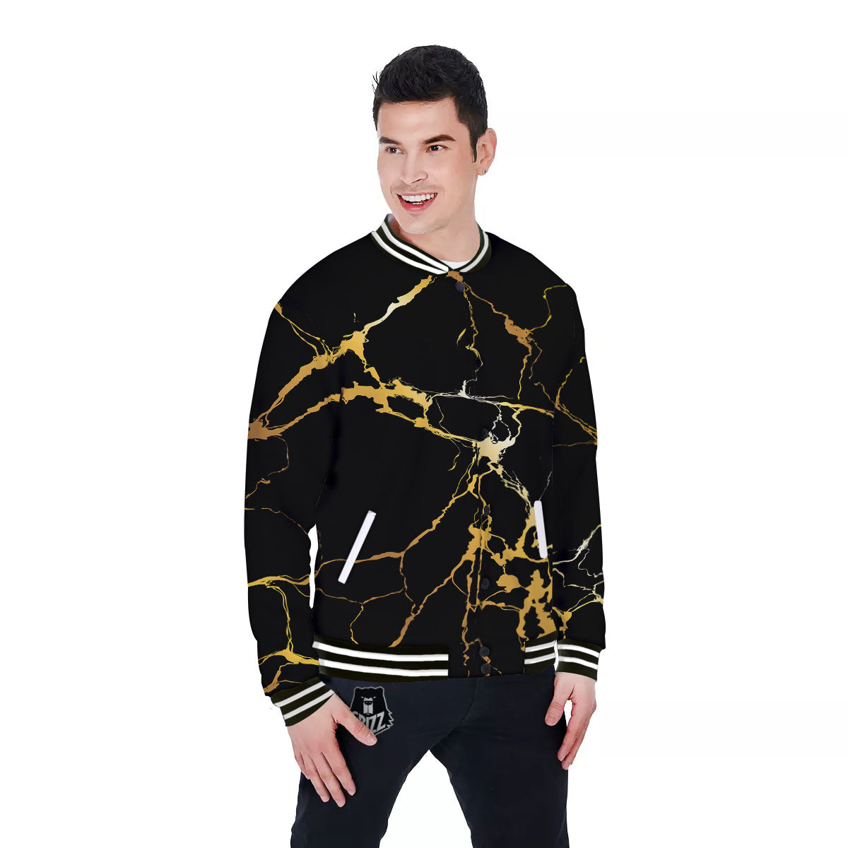 Marble Black Gold Print Baseball Jacket-grizzshop