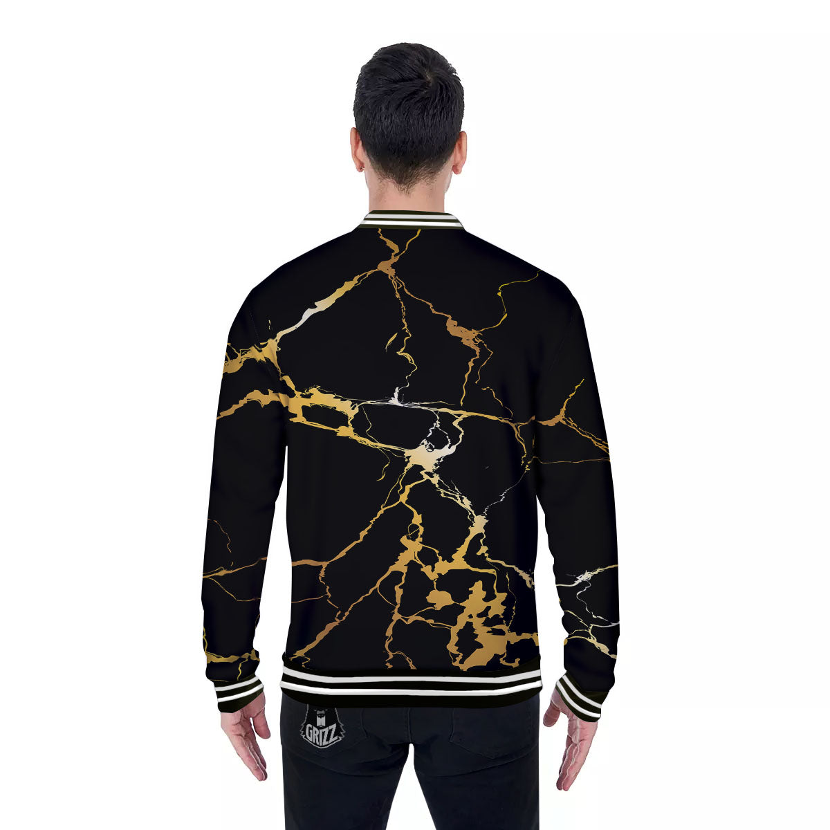 Marble Black Gold Print Baseball Jacket-grizzshop
