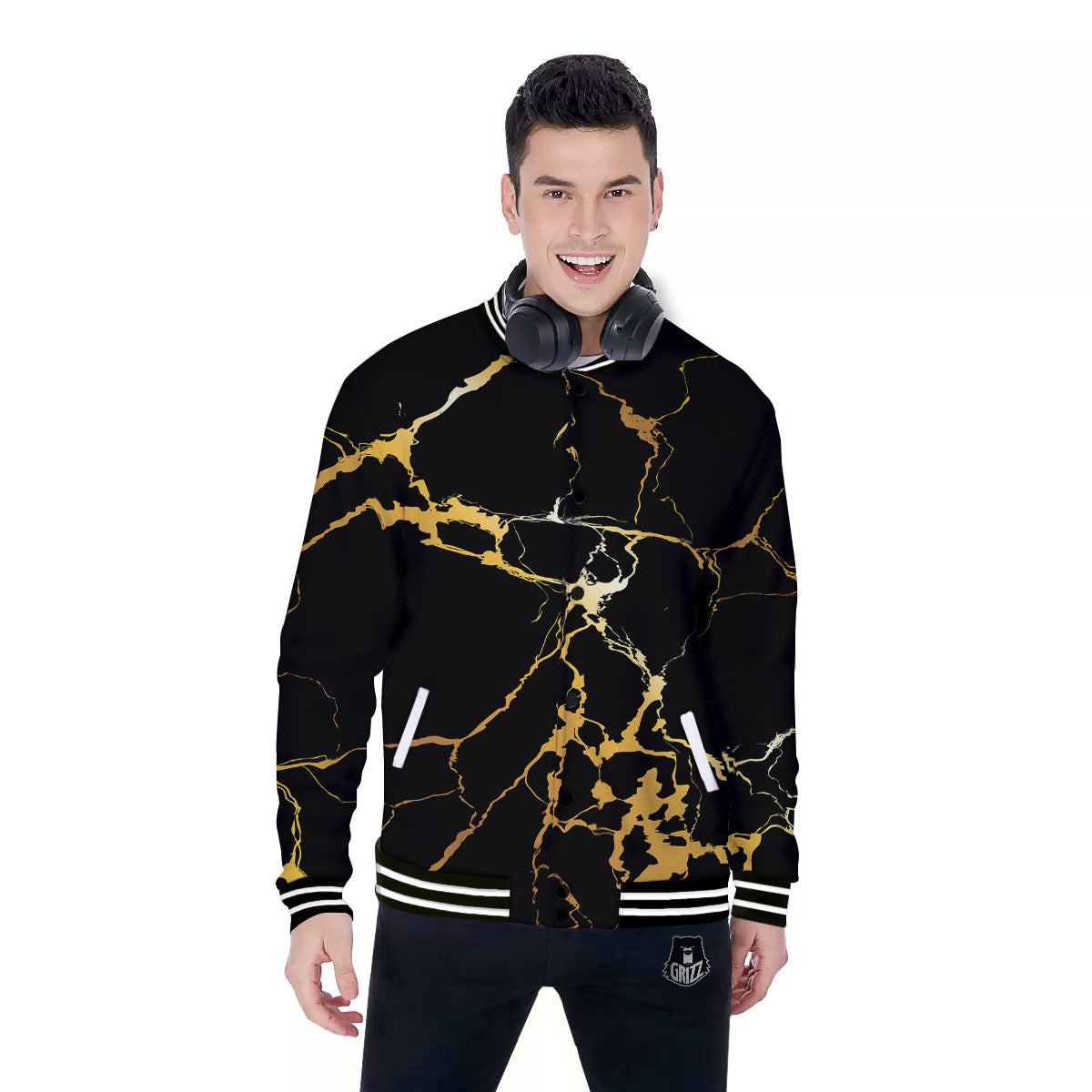 Marble Black Gold Print Baseball Jacket-grizzshop