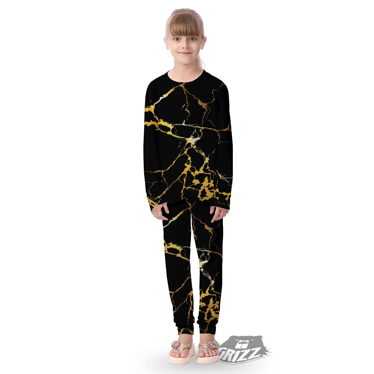 Marble Black Gold Print Kid's Pajamas-grizzshop