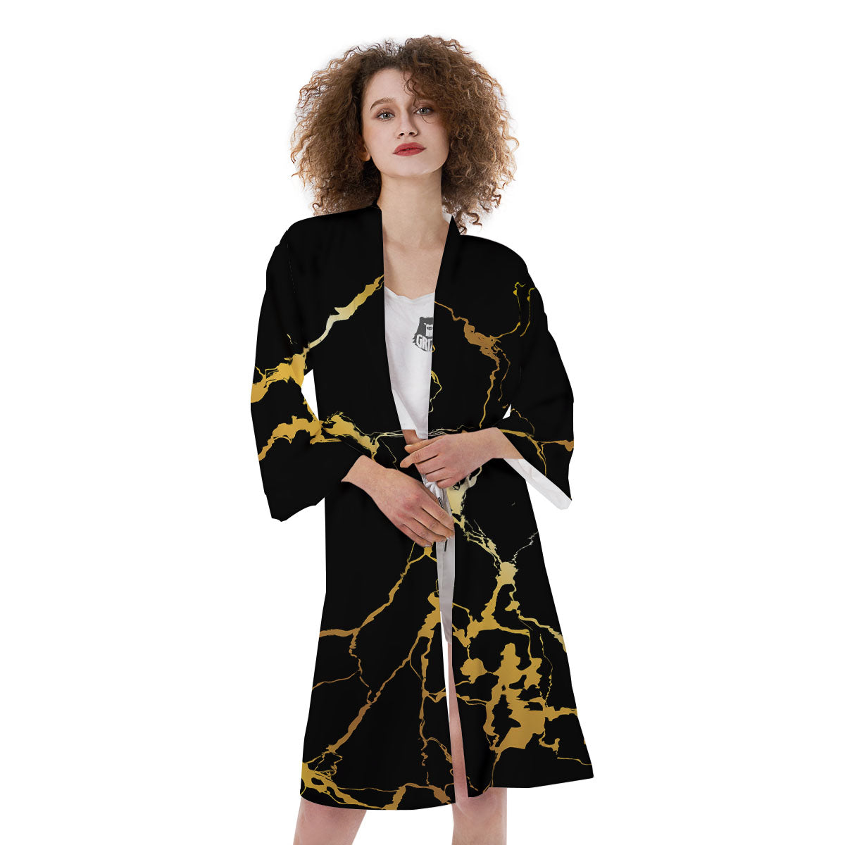 Marble Black Gold Print Kimono-grizzshop