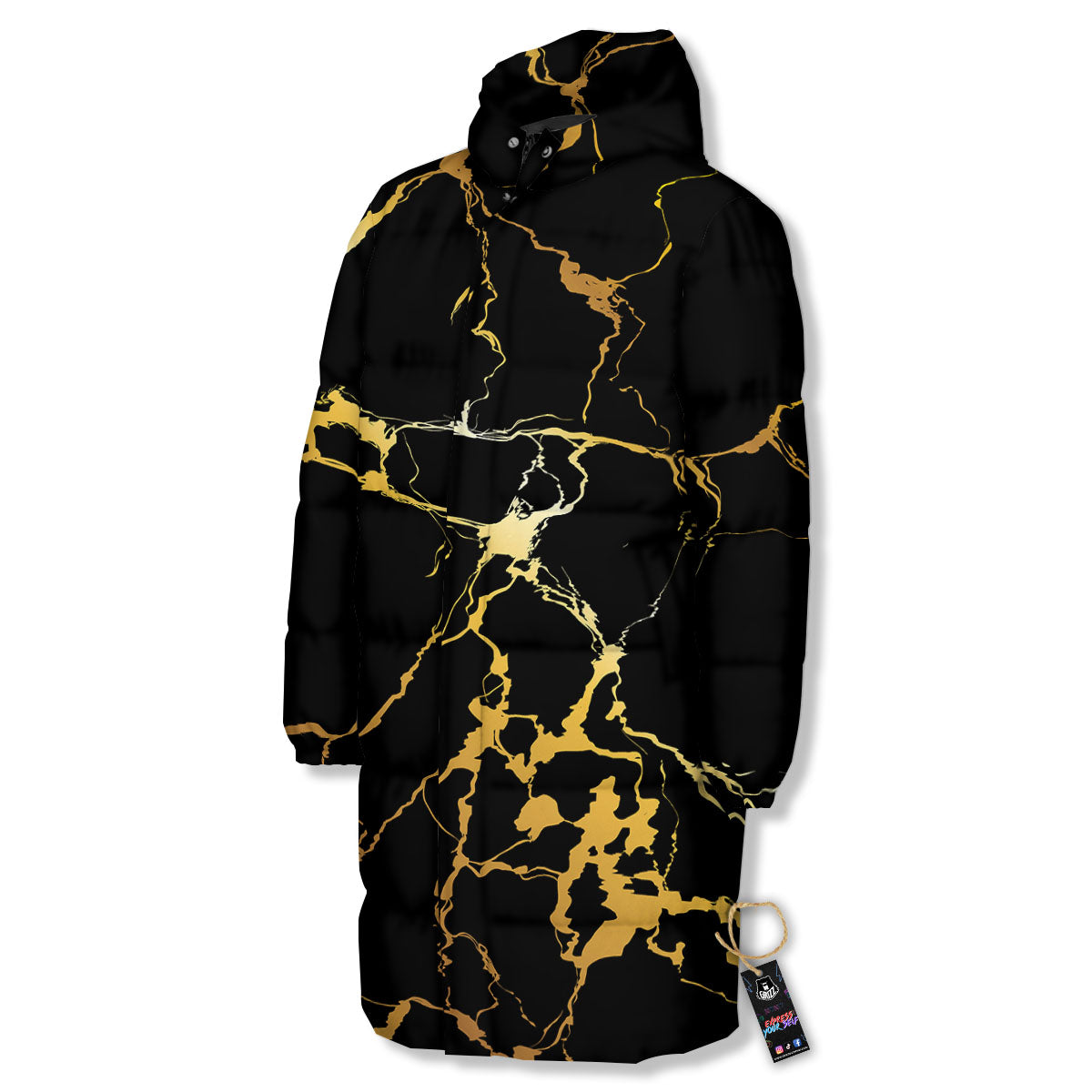 Marble Black Gold Print Long Down Jacket-grizzshop