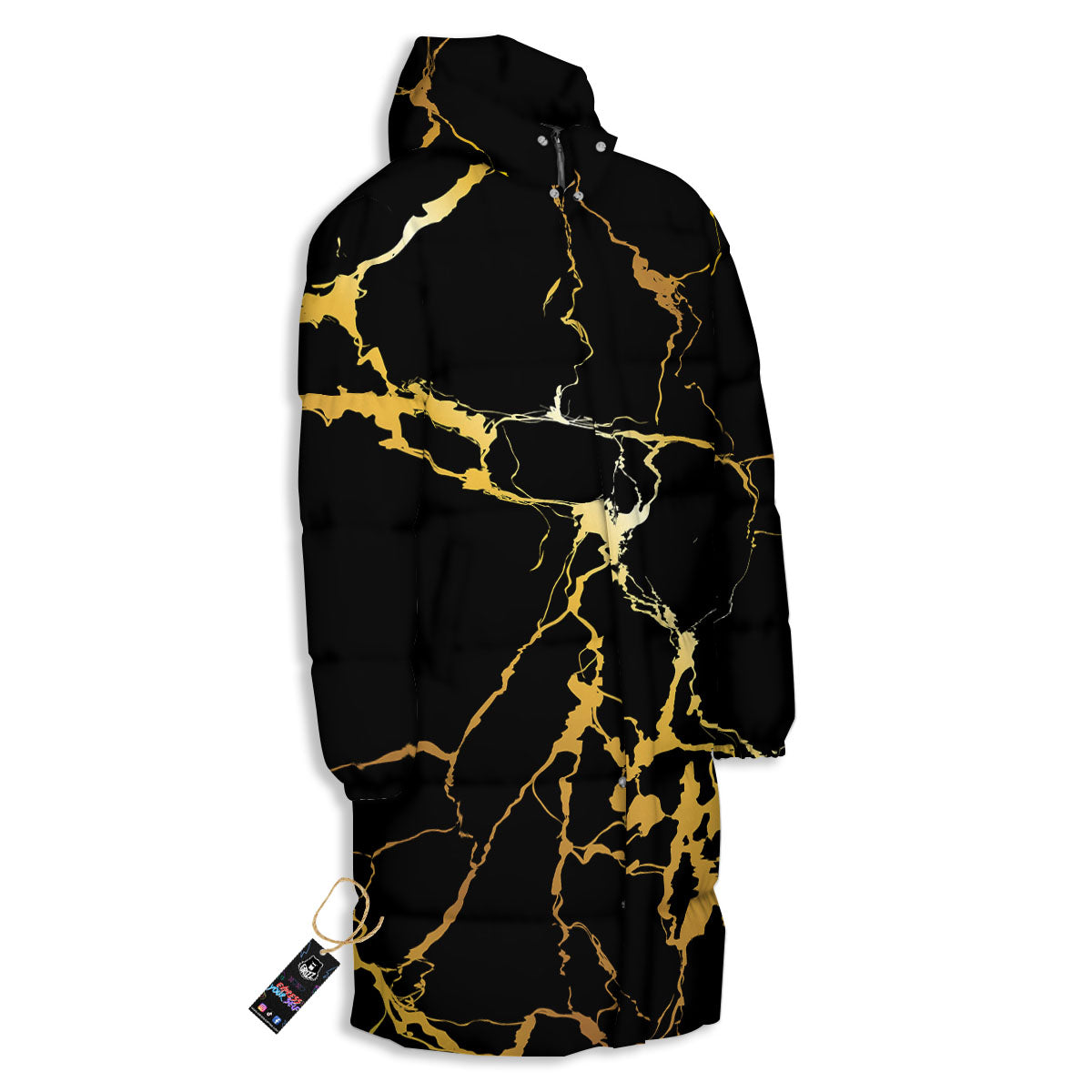 Marble Black Gold Print Long Down Jacket-grizzshop