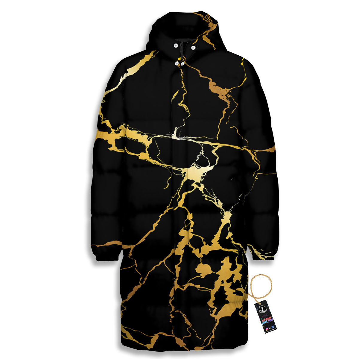 Marble Black Gold Print Long Down Jacket-grizzshop