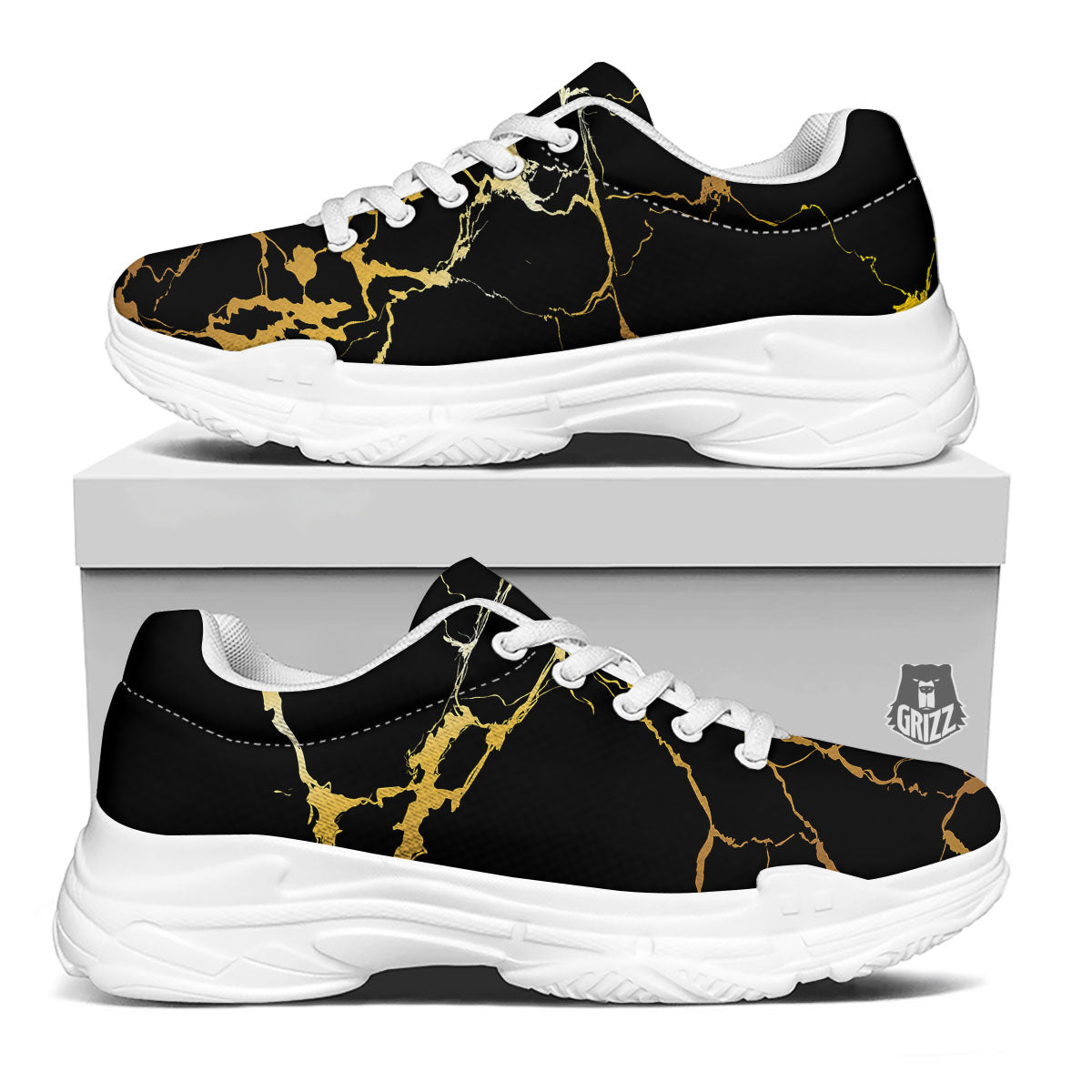 Marble Black Gold Print White Chunky Shoes-grizzshop
