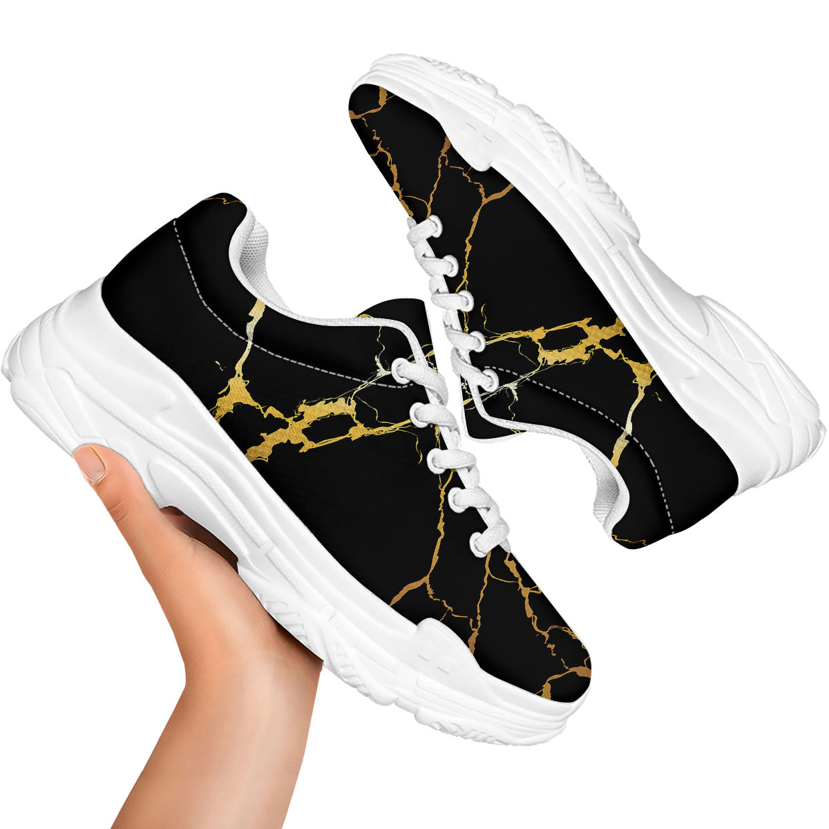 Marble Black Gold Print White Chunky Shoes-grizzshop