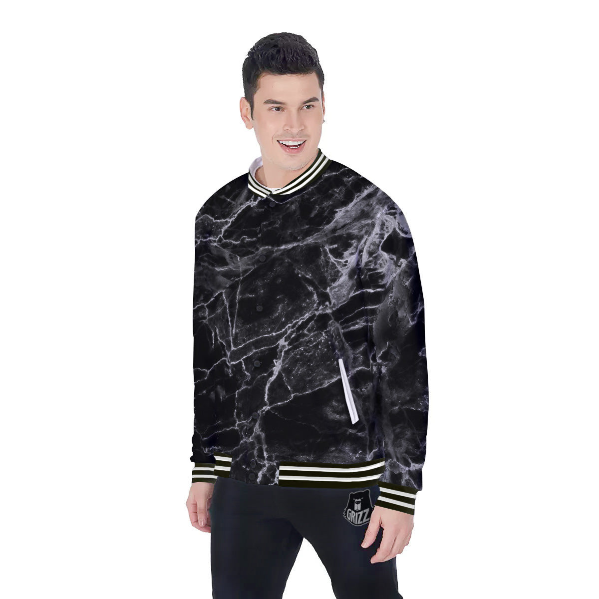 Marble Black Grey Print Baseball Jacket-grizzshop