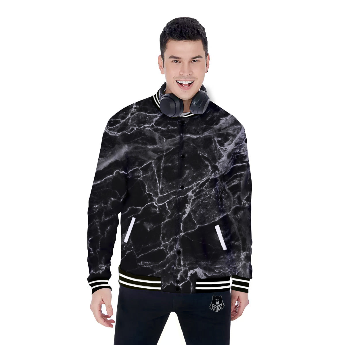 Marble Black Grey Print Baseball Jacket-grizzshop