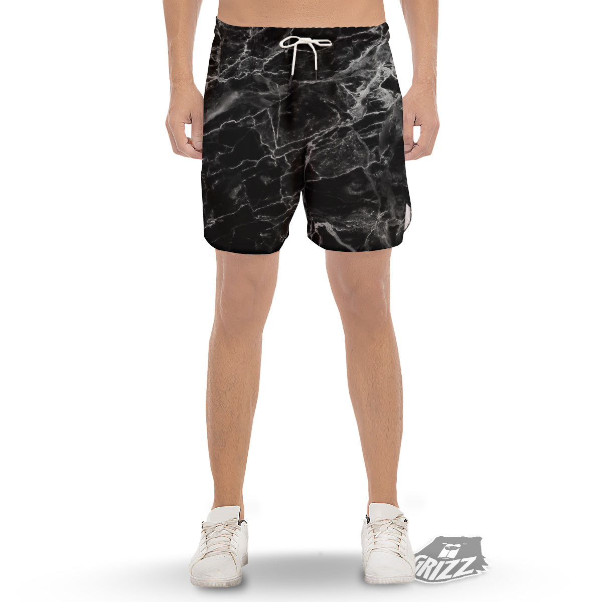 Marble Black Grey Print Men's Gym Shorts-grizzshop