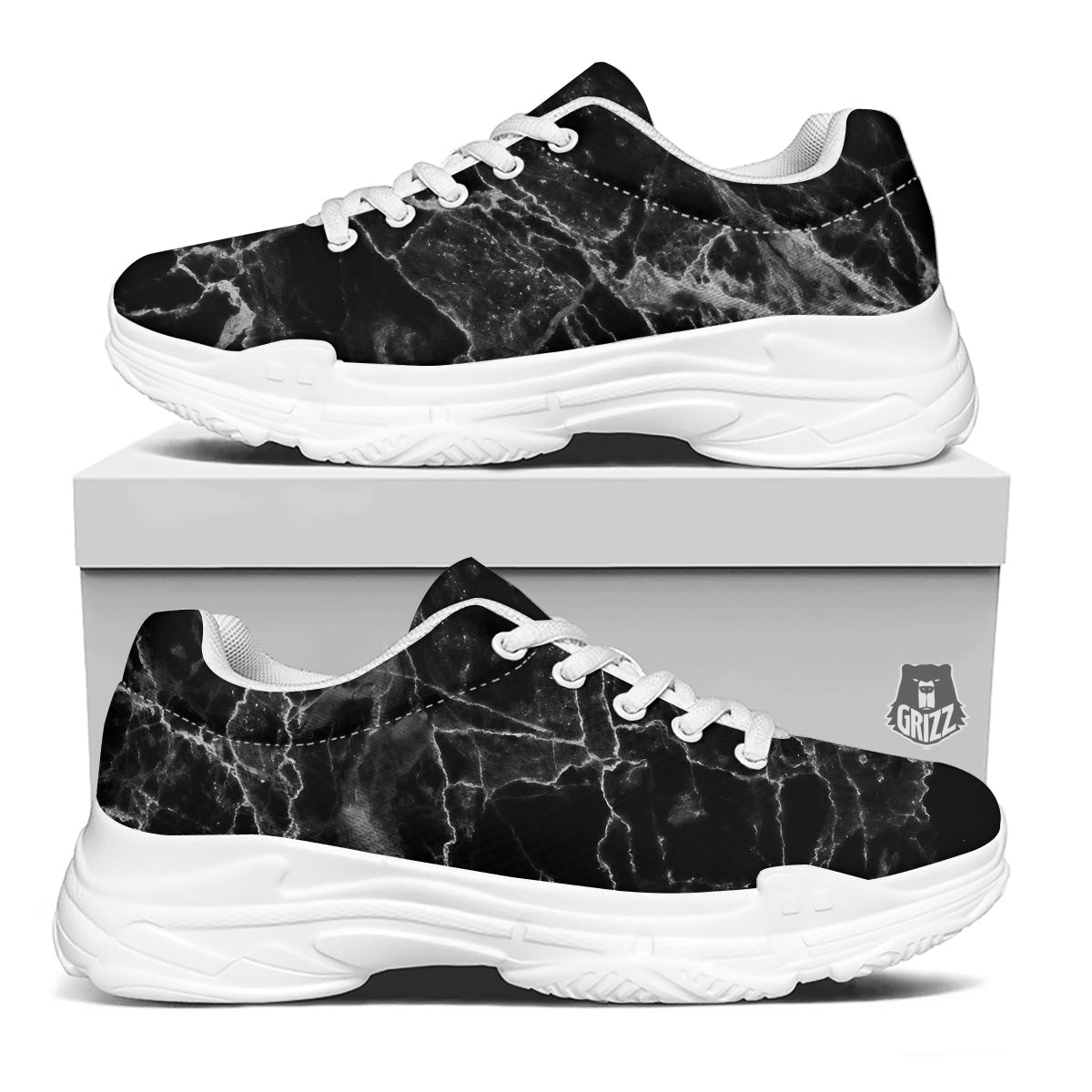 Marble Black Grey Print White Chunky Shoes-grizzshop