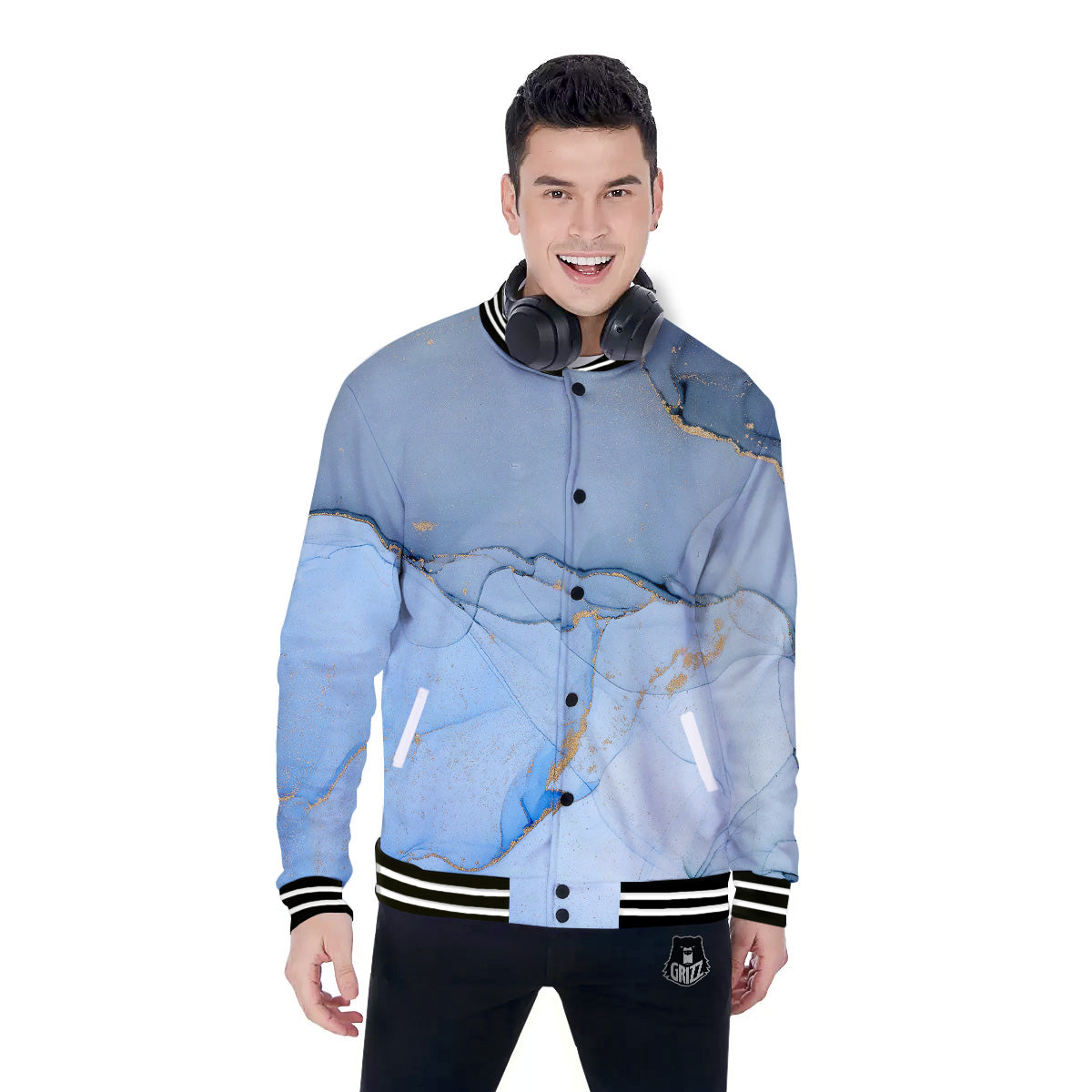 Marble Blue Print Baseball Jacket-grizzshop