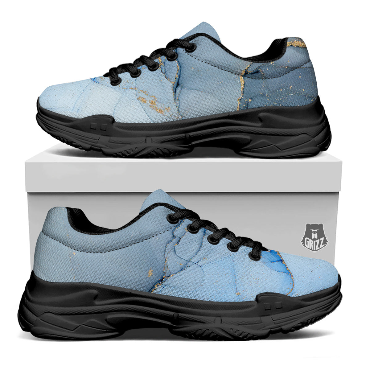 Marble Blue Print Black Chunky Shoes-grizzshop