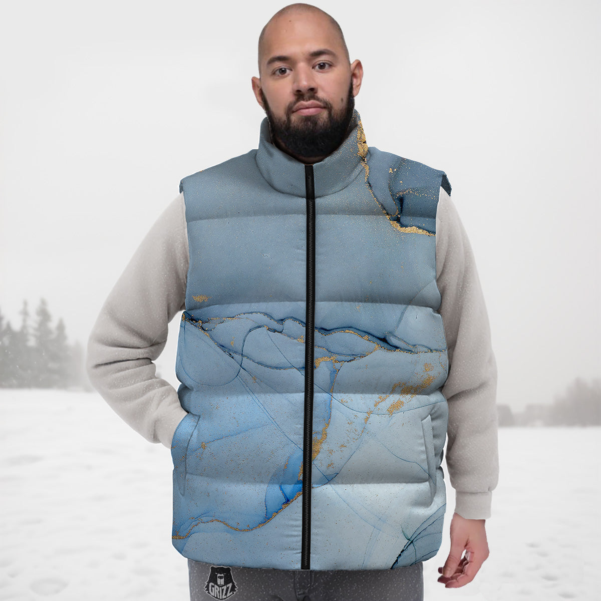 Marble Blue Print Down Vest-grizzshop