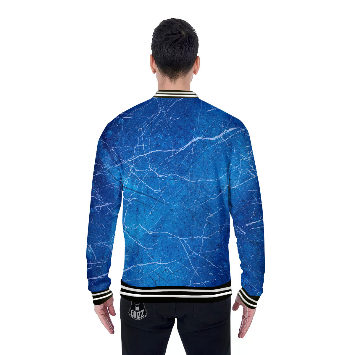 Marble Blue Sapphire Print Baseball Jacket-grizzshop