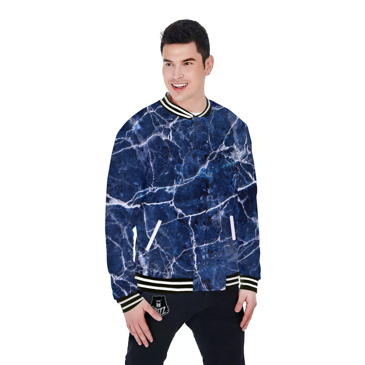 Marble Blue White Print Baseball Jacket-grizzshop