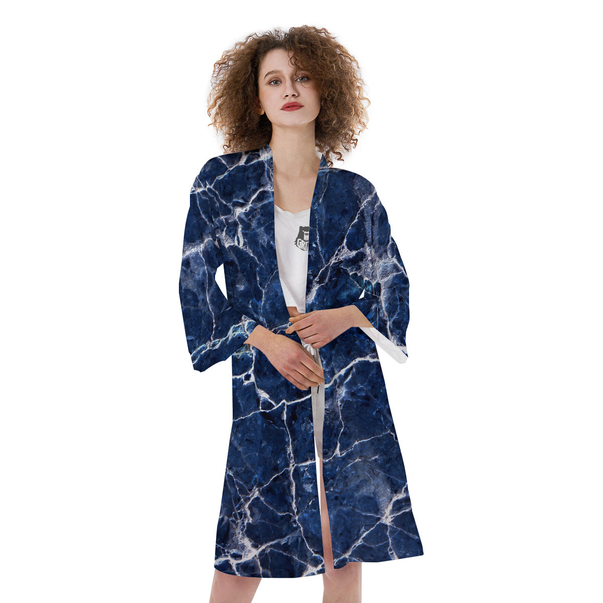 Marble Blue White Print Kimono-grizzshop