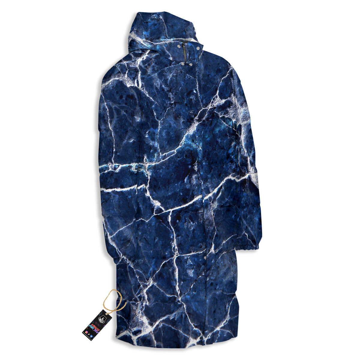 Marble Blue White Print Long Down Jacket-grizzshop