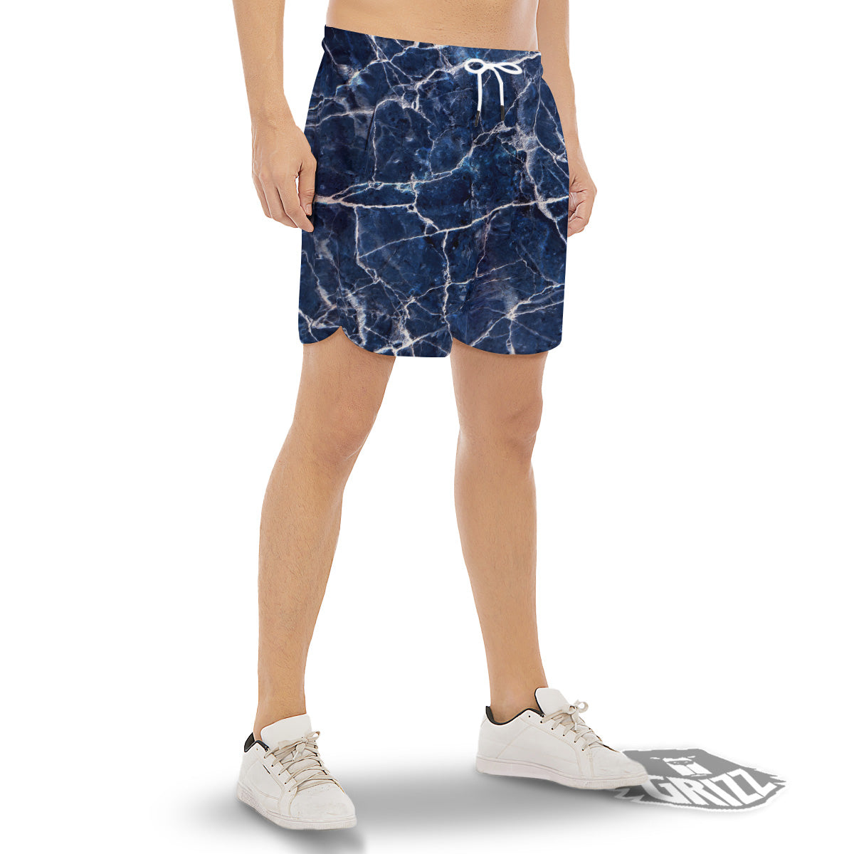 Marble Blue White Print Men's Gym Shorts-grizzshop