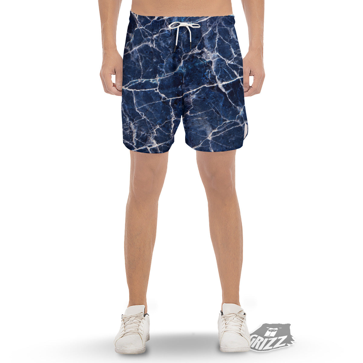 Marble Blue White Print Men's Gym Shorts-grizzshop