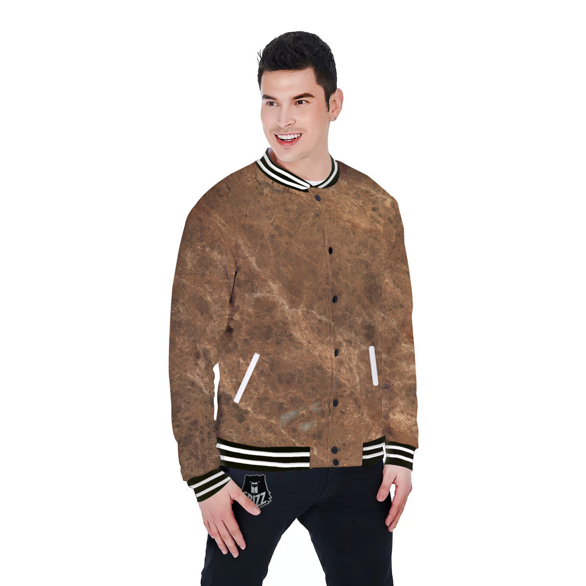 Marble Brown Beige Print Baseball Jacket-grizzshop