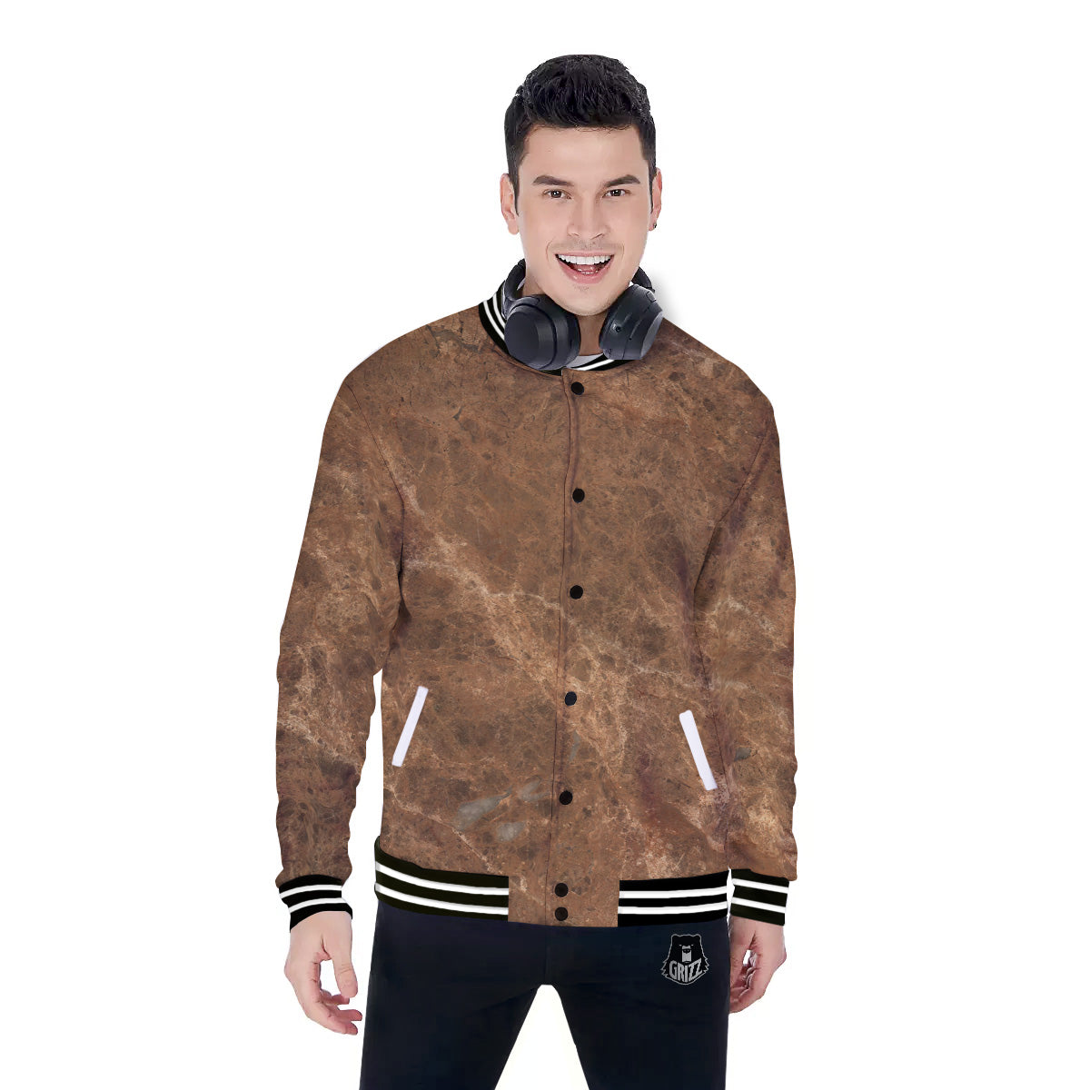 Marble Brown Beige Print Baseball Jacket-grizzshop