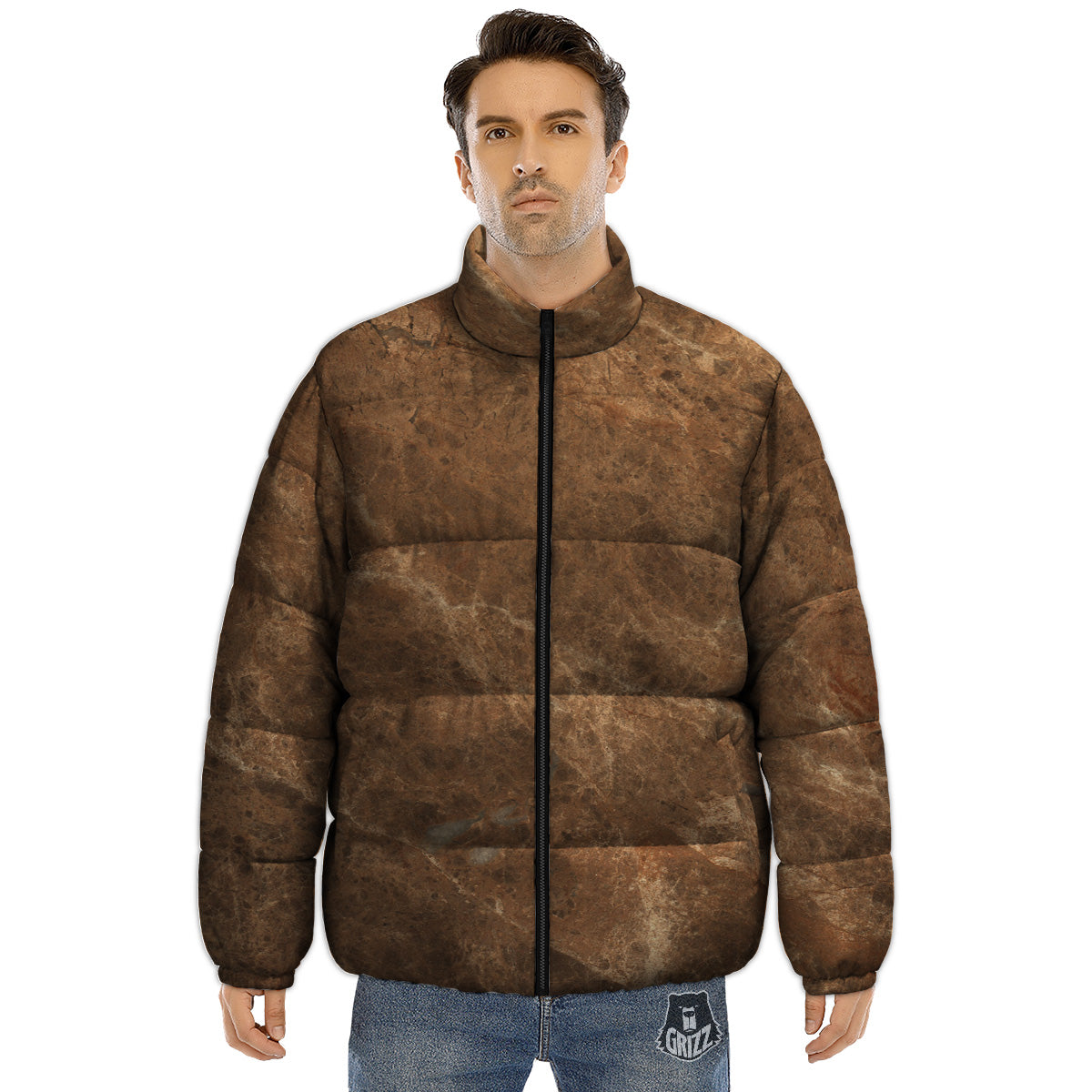Marble Brown Beige Print Puffer Jacket-grizzshop