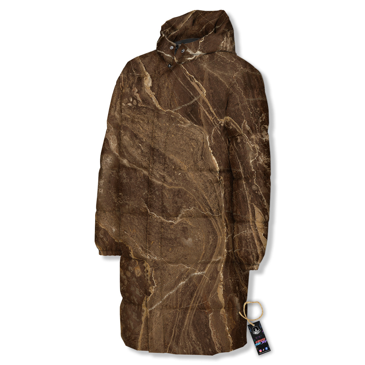 Marble Brown Print Long Down Jacket-grizzshop