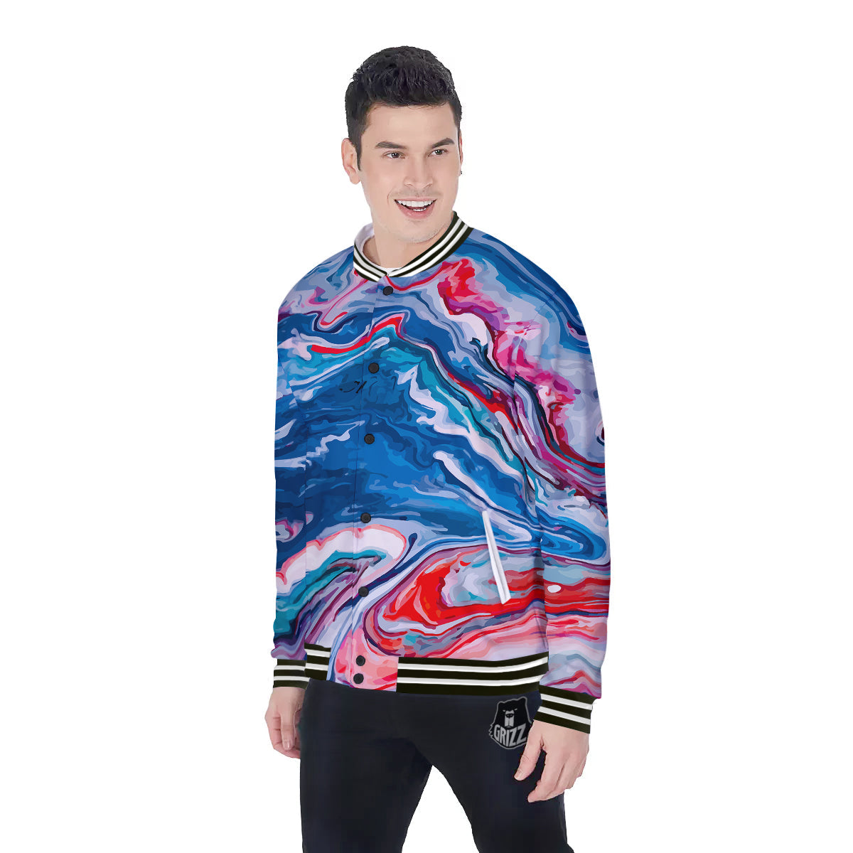 Marble Cartoon Texture Red Blue Print Baseball Jacket-grizzshop