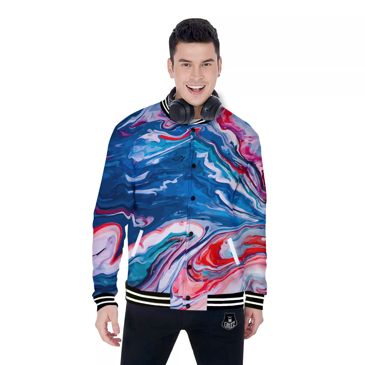 Marble Cartoon Texture Red Blue Print Baseball Jacket-grizzshop