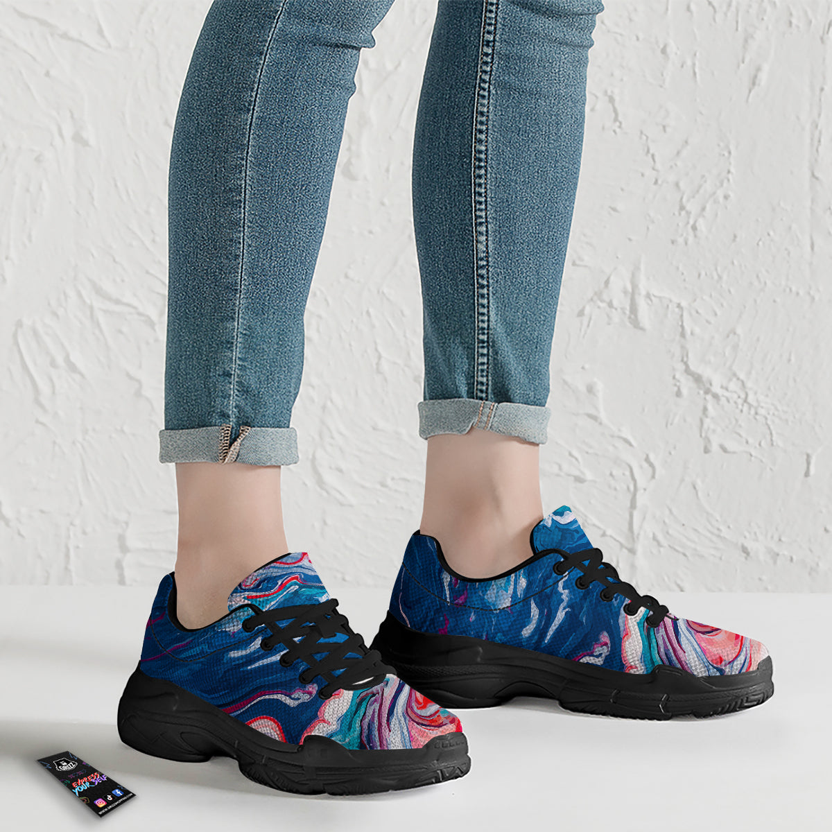 Marble Cartoon Texture Red Blue Print Black Chunky Shoes-grizzshop