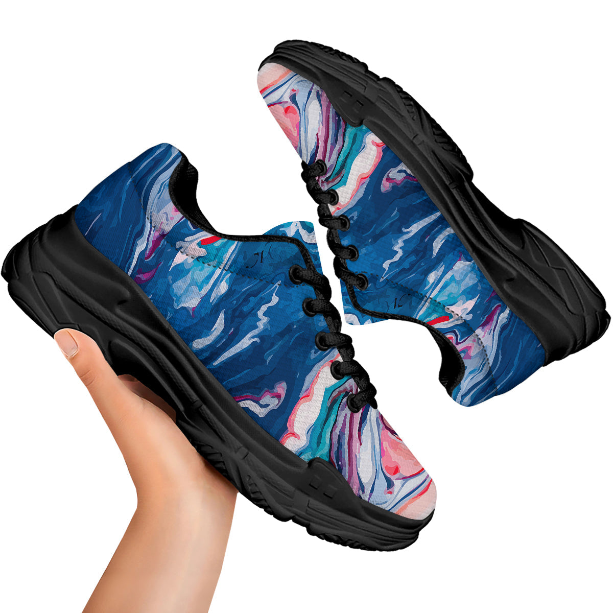 Marble Cartoon Texture Red Blue Print Black Chunky Shoes-grizzshop