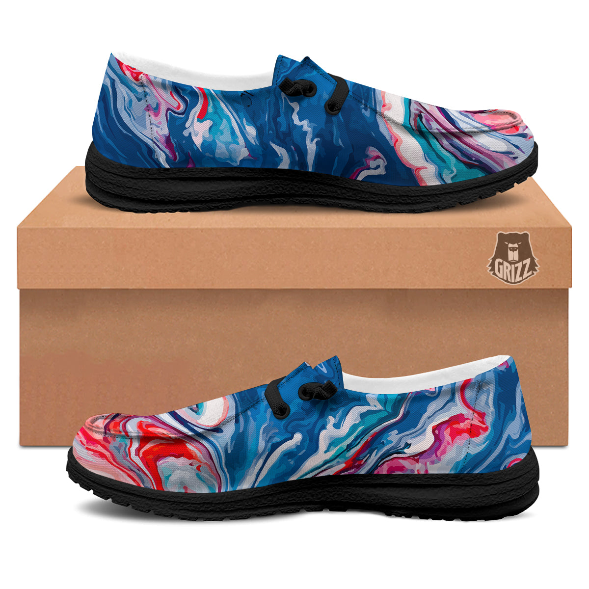 Marble Cartoon Texture Red Blue Print Black Loafers-grizzshop
