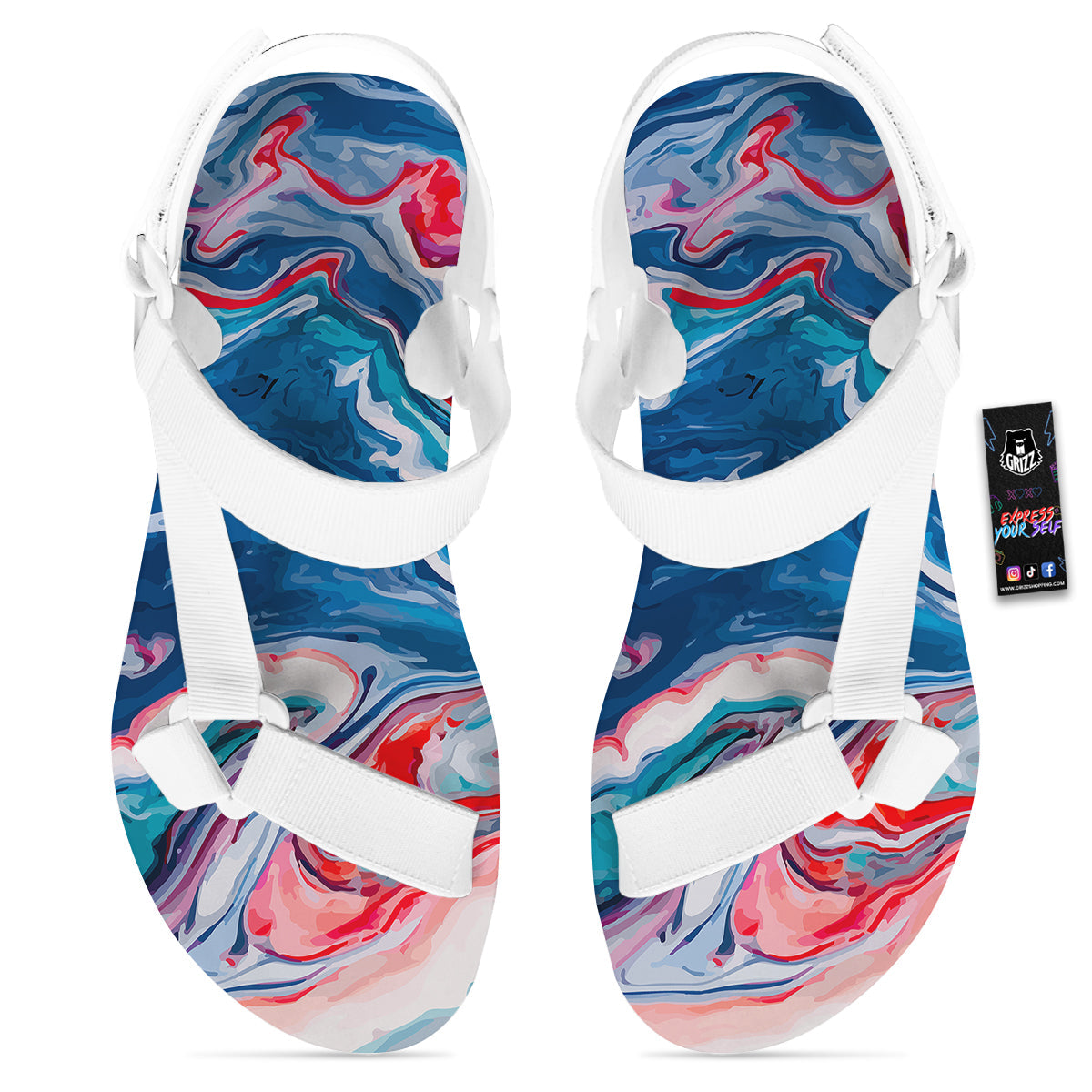 Marble Cartoon Texture Red Blue Print White Open Toe Sandals-grizzshop