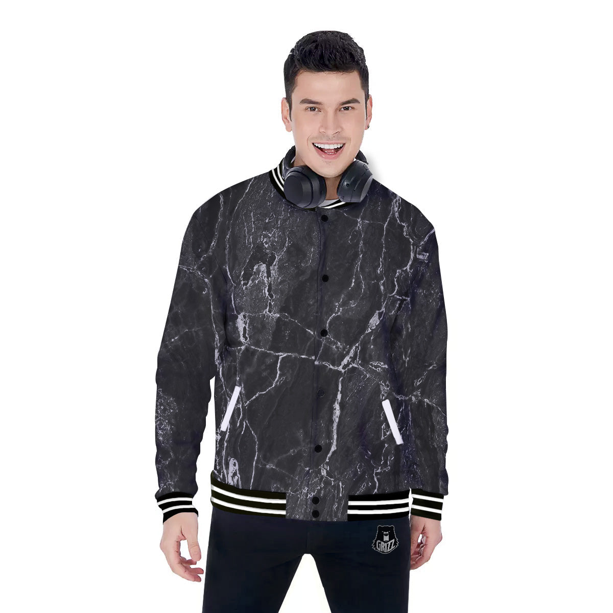 Marble Dark Black Grey Print Baseball Jacket-grizzshop