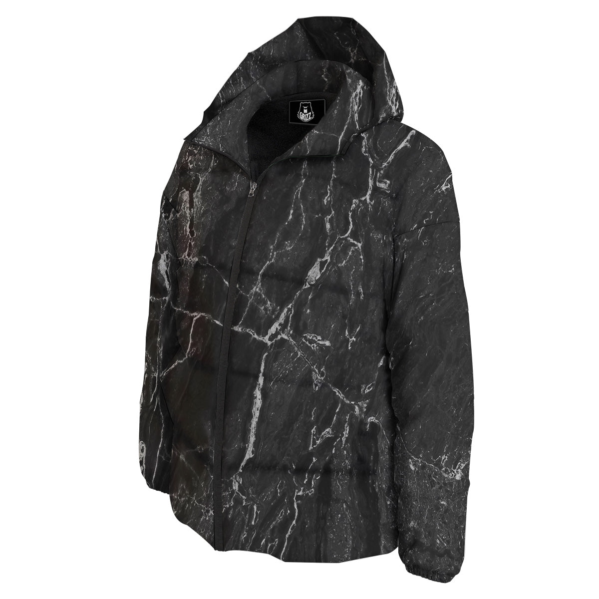 Marble Dark Black Grey Print Down Jacket-grizzshop