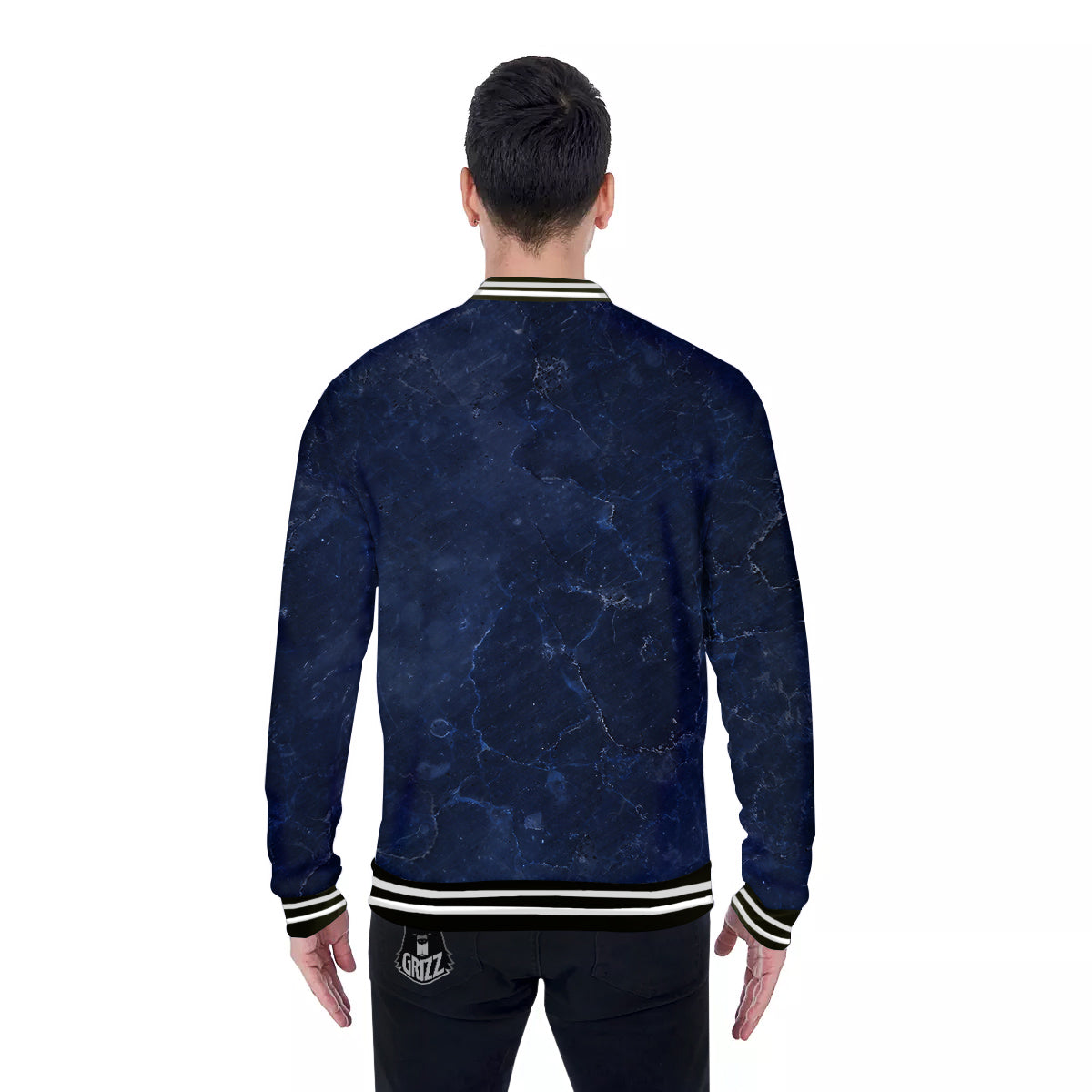 Marble Dark Blue Print Baseball Jacket-grizzshop