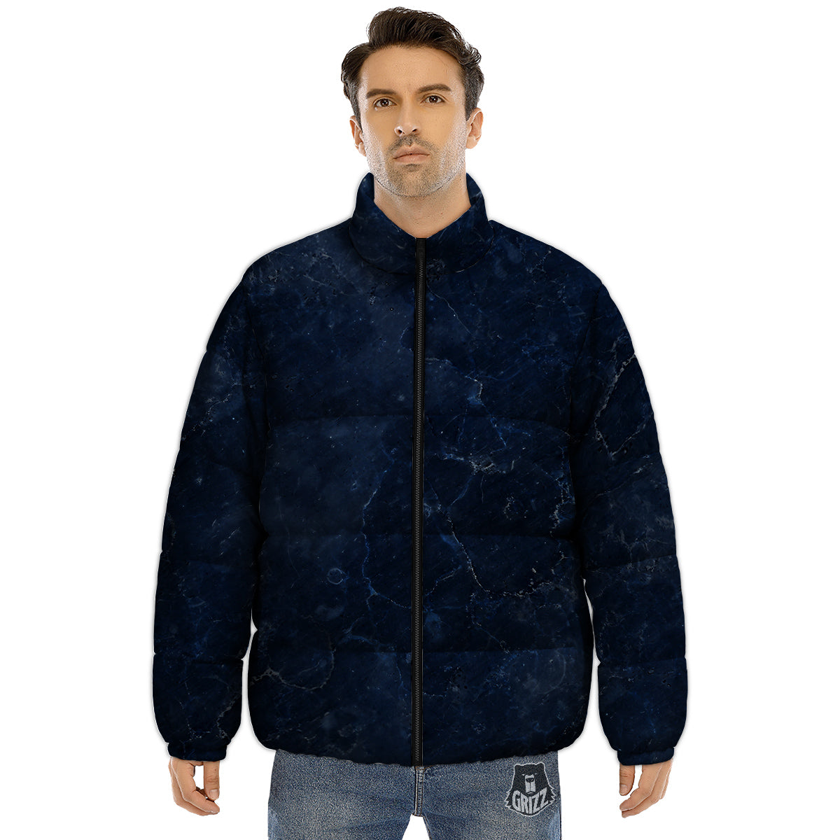 Marble Dark Blue Print Puffer Jacket-grizzshop
