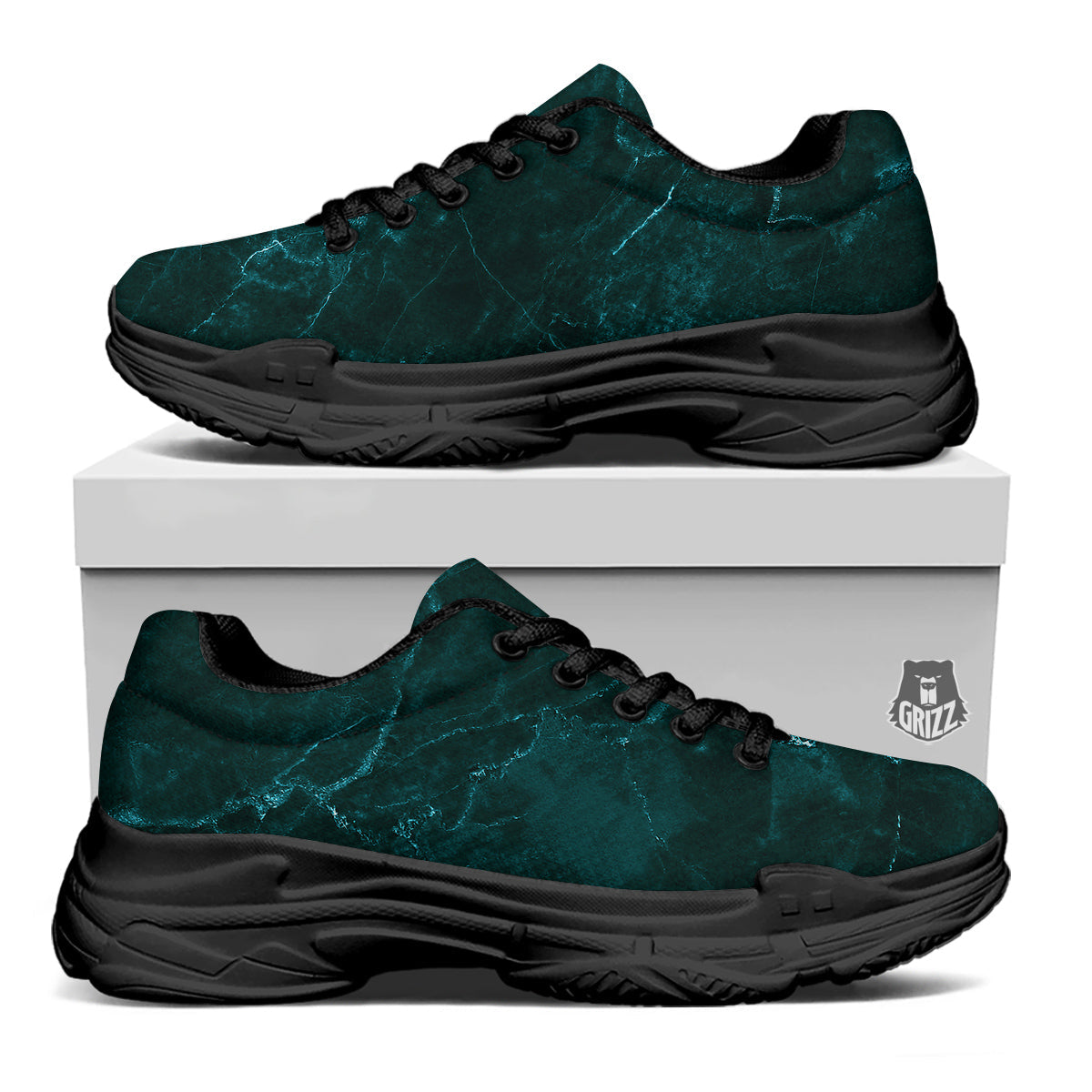 Marble Dark Green Print Black Chunky Shoes-grizzshop