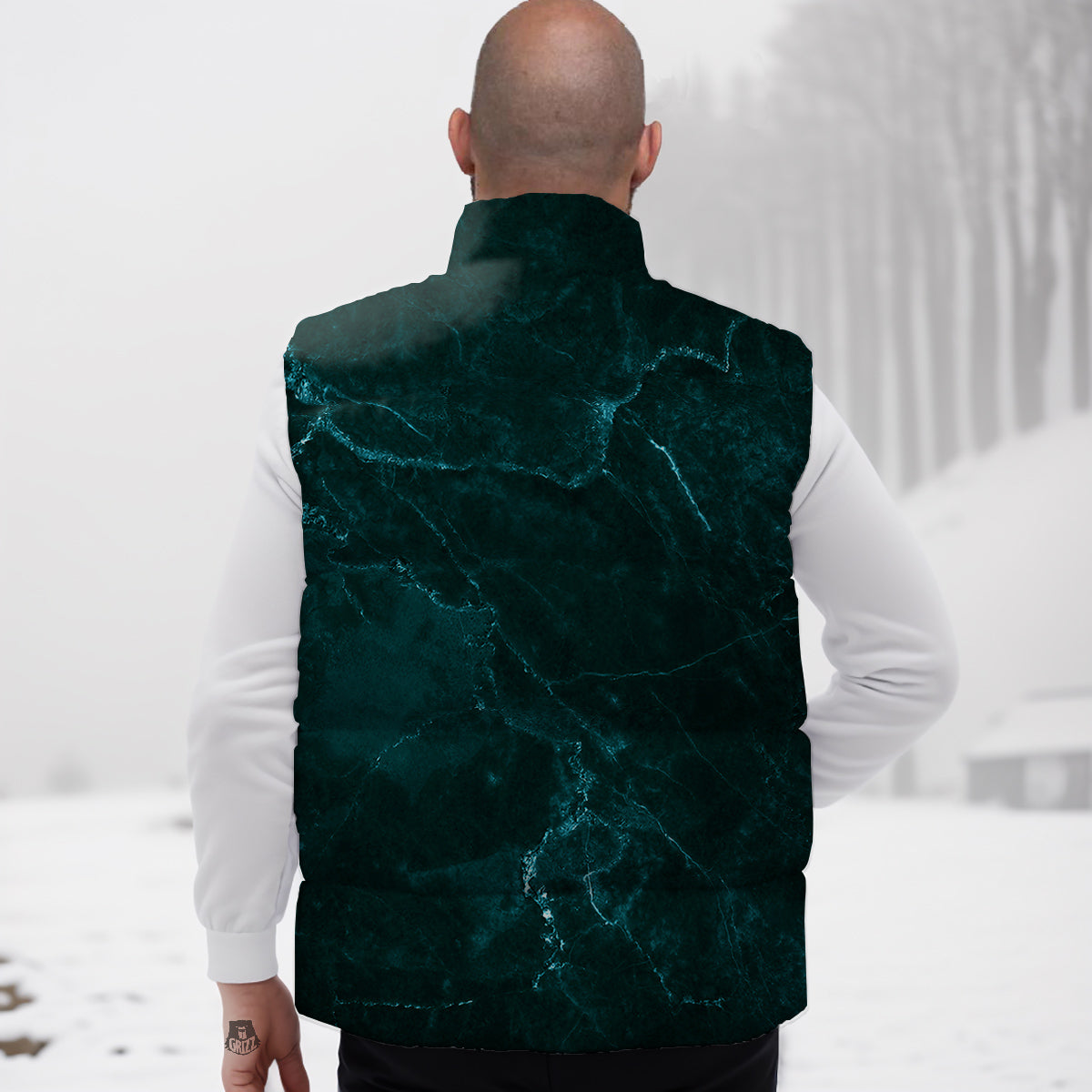 Marble Dark Green Print Down Vest-grizzshop