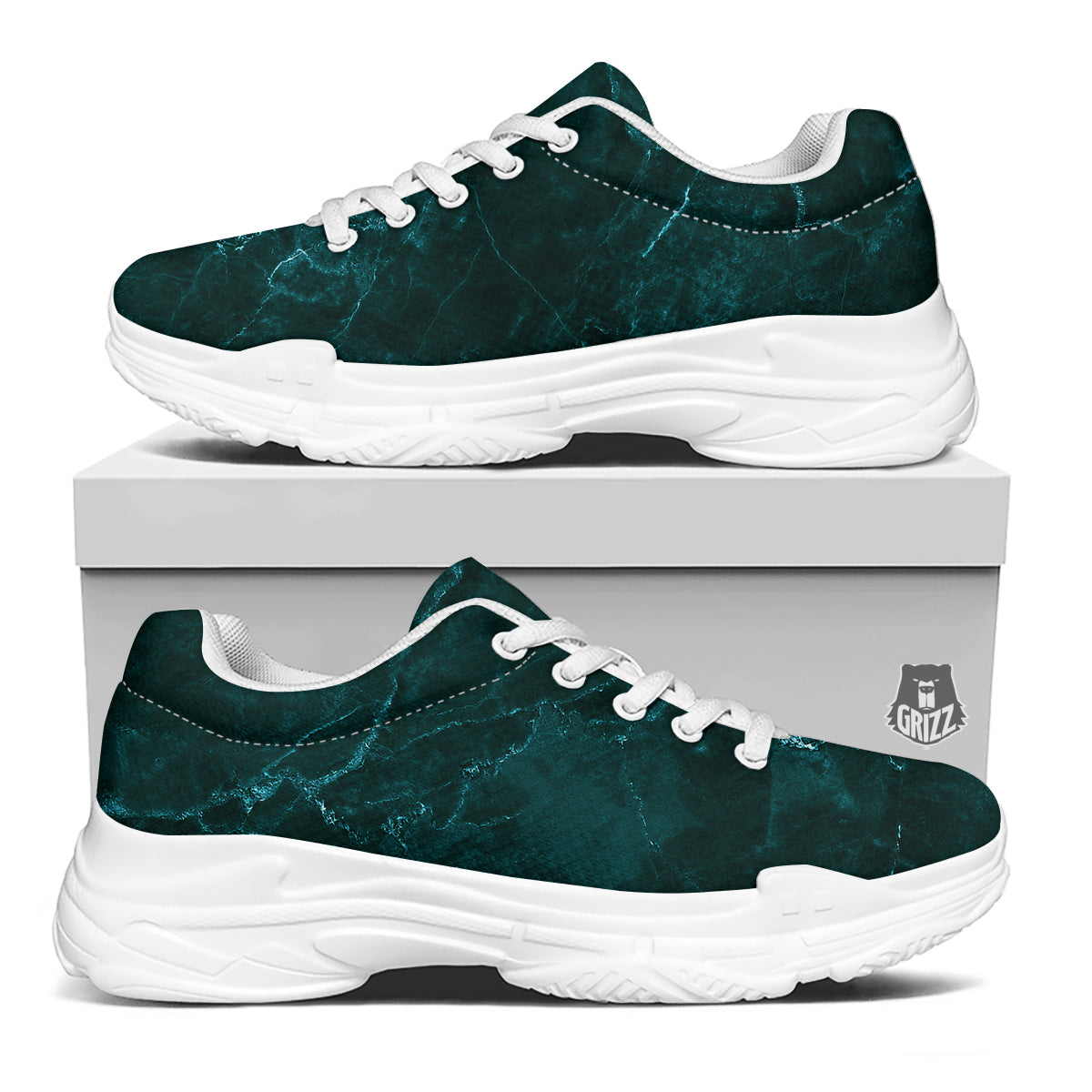 Marble Dark Green Print White Chunky Shoes-grizzshop