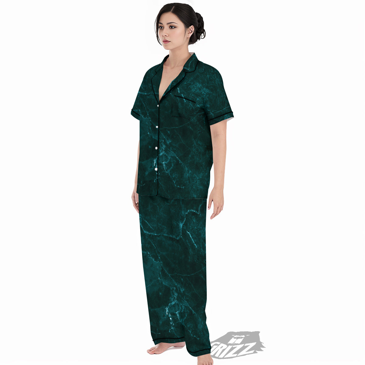 Marble Dark Green Print Women's Pajamas Set-grizzshop