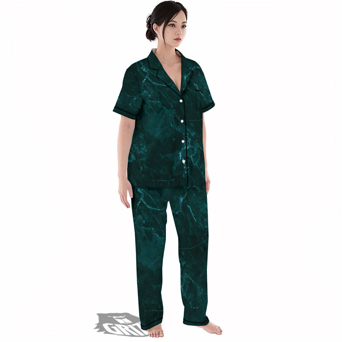 Marble Dark Green Print Women's Pajamas Set-grizzshop