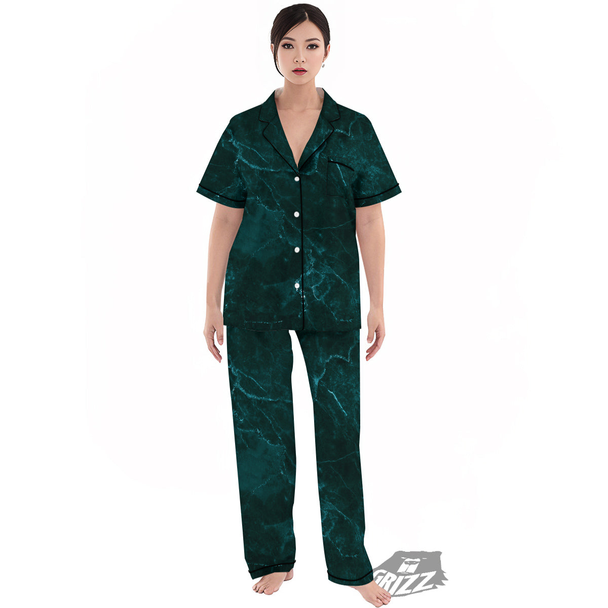 Marble Dark Green Print Women's Pajamas Set-grizzshop