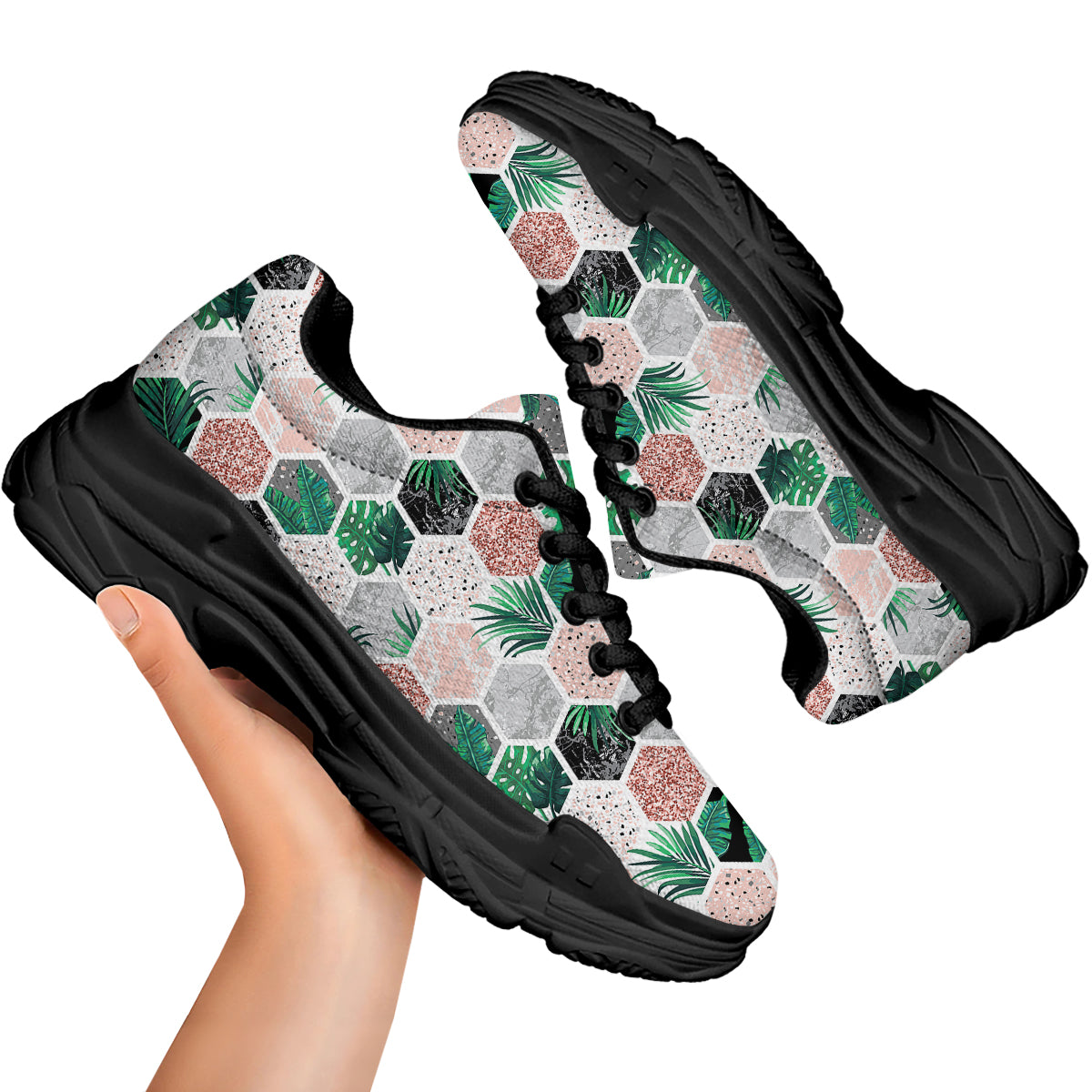 Marble Geometric And Tropical Leaves Print Black Chunky Shoes-grizzshop